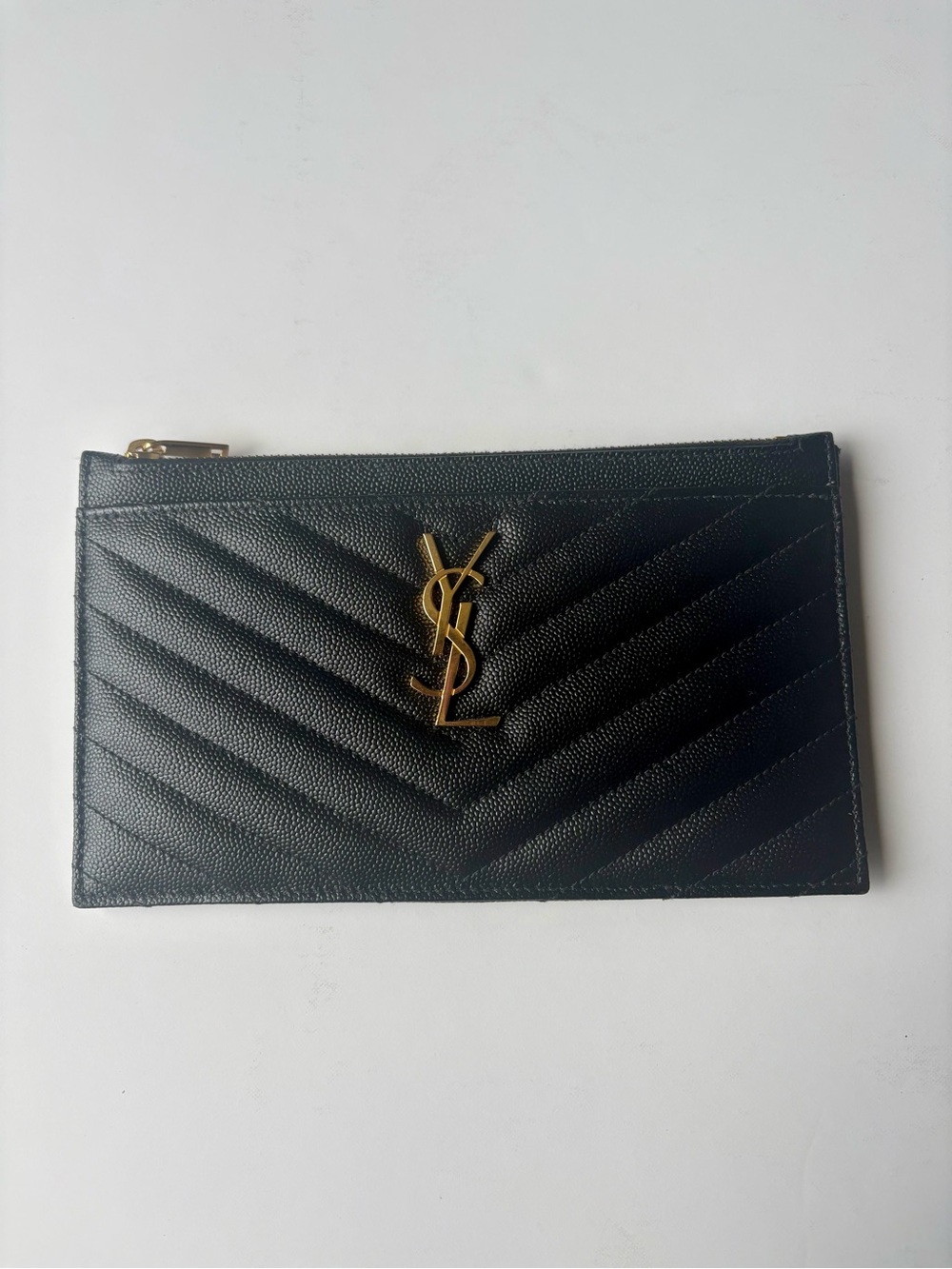 Saint Laurent Black Quilted Leather Zip Pouch with Gold YSL Emblem